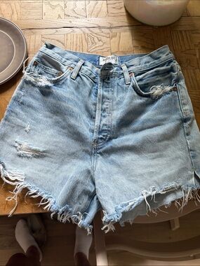 Agolde Light Blue High-Rise Distressed Denim Cutoff Shorts Size 28